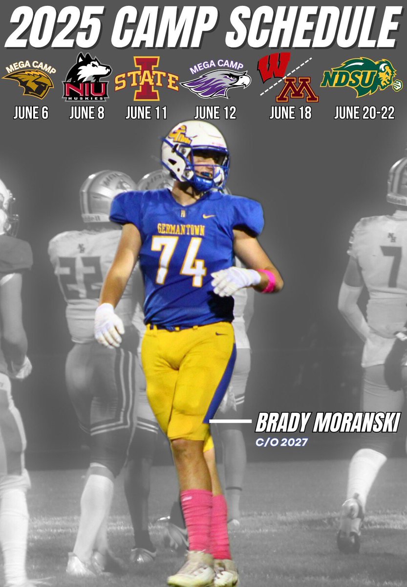 Brady Moranski (@bradymoranski) on Twitter photo Camp schedule locked in, ready to show out!! #hungry
<a href="/MJ_NFLDraft/">Mark Johnson</a> <a href="/PrepRedzoneWI/">Prep Redzone Wisconsin</a> <a href="/GtownGridiron/">Germantown Gridiron Club</a> <a href="/NIU_Football/">NIU Football</a> <a href="/CycloneFB/">Iowa State Football</a> <a href="/NDSUfootball/">NDSU Football</a> <a href="/BadgerFootball/">Wisconsin Football</a> Camp schedule locked in, ready to show out!! #hungry
<a href="/MJ_NFLDraft/">Mark Johnson</a> <a href="/PrepRedzoneWI/">Prep Redzone Wisconsin</a> <a href="/GtownGridiron/">Germantown Gridiron Club</a> <a href="/NIU_Football/">NIU Football</a> <a href="/CycloneFB/">Iowa State Football</a> <a href="/NDSUfootball/">NDSU Football</a> <a href="/BadgerFootball/">Wisconsin Football</a>