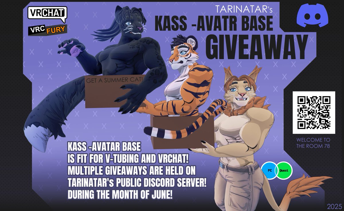 Avatar base giveaway!
KASS the summer cat giveaways are happening at my discord! Referring the giveaway to a friend increases your changes at winning! 
discord.com/invite/vBHsMuk…
Let's get the beefy cats to new homes!🤠
#VRChat #Vtube #Furryart #Giveaway