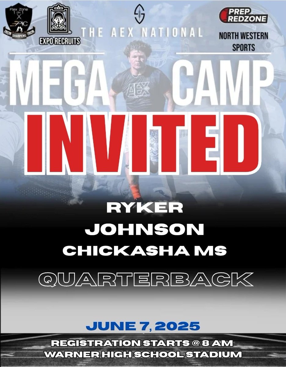 Congratulations to Ryker Johnson <a href="/RykerQB1/">Ryker Johnson</a> from Chickasha MS <a href="/ChickashaFB/">Chickasha Football</a> for being selected to attend the Invite-Only Event on June 7 at Warner High School! Registration begins at 8:00 AM!
#AEX2025 @aex_bowl @sacshowcase
<a href="/Jmolder42/">Joe Molder</a> <a href="/C4SportOklahoma/">C4 SportsPerformance</a>