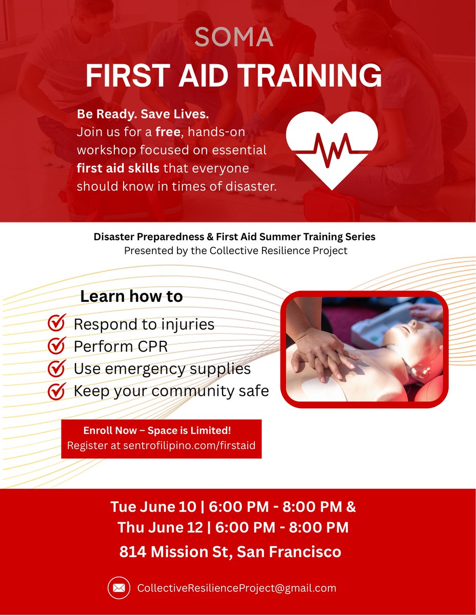 radiantview's tweet photo. #FREE hands-on #workshop! Disaster Preparedness &amp; First Aid Summer Training Series.

ENROLL NOW – SPACE IS LIMITED

REGISTER AT https://t.co/6Qn7pkb9sd

Tuesday, June 10, 6pm to 8pm 
Thursday, June 12, 6pm to 8pm

814 Mission Street, Mezzanine Level
San Francisco, CA

#firstaid https://t.co/UbiEytO35k
