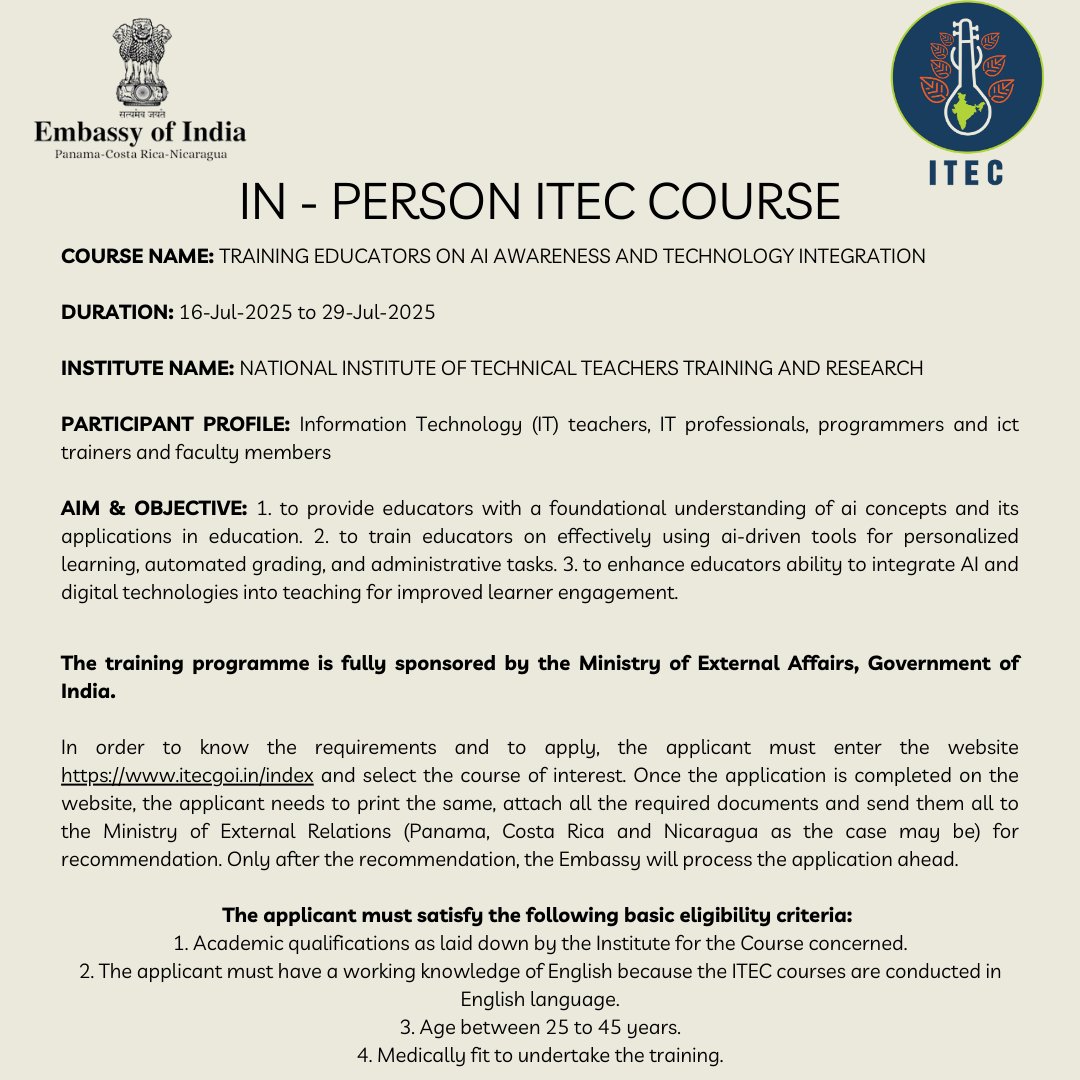 IndiainPanama's tweet image. Link to apply: itecgoi.in/applicant_getC…

 For more info, please contact: pic.panama@mea.gov.in