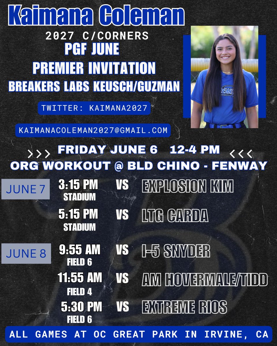Kaimana Coleman (@kaimana2027) on Twitter photo Here is the schedule for this weekend! Can’t wait to be back and compete against some great teams, the times for our games were changed slightly so here is an updated version!
<a href="/TonySmithNUSB/">Anthony Smith</a> <a href="/BreakersKeusch/">Breakers Labs - Keusch/Guzman 16u</a>
<a href="/CoastRecruits/">Coast 2 Coast Recruits</a> <a href="/IHartFastpitch/">I❤️Fastpitch</a> <a href="/los_stuff/">Carlos Arias</a> <a href="/ODM_Testing/">ODM® Testing</a> <a href="/LegacyLegendsS1/">Legacy & Legends Softball</a> Here is the schedule for this weekend! Can’t wait to be back and compete against some great teams, the times for our games were changed slightly so here is an updated version!
<a href="/TonySmithNUSB/">Anthony Smith</a> <a href="/BreakersKeusch/">Breakers Labs - Keusch/Guzman 16u</a>
<a href="/CoastRecruits/">Coast 2 Coast Recruits</a> <a href="/IHartFastpitch/">I❤️Fastpitch</a> <a href="/los_stuff/">Carlos Arias</a> <a href="/ODM_Testing/">ODM® Testing</a> <a href="/LegacyLegendsS1/">Legacy & Legends Softball</a>