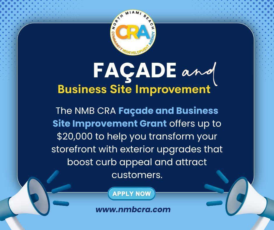 nmbcra's tweet photo. Give your business a glow-up! 
Let’s revitalize North Miami Beach together, one beautiful façade at a time.

 Apply now and be part of the city’s vibrant transformation!
#NMBCRA #FacadeGrant #SmallBizSupport #NMBUpgrades #RedevelopmentWorks https://t.co/wEAvrLlfZm
