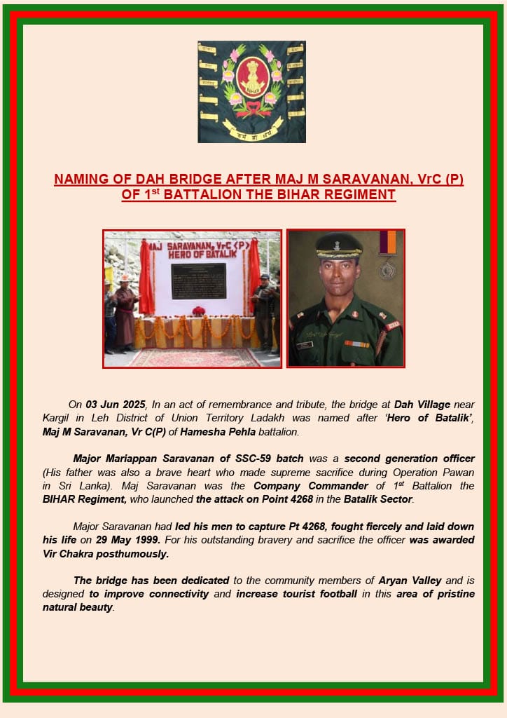 BravesBiharRegt's tweet photo. Remembering the brave actions of Major Mariappan Sarvanan Veer Chakra of 1st Bn The Bihar regiment during  OP Vijay. A grateful nation honours him in a small way. @firefurycorps   @adgpi #VeerBihari #KarmhiDharm #BravesofBiharRegiment #BirsaMundaKiJai #BajrangBaliKiJai #JaiHind https://t.co/cNVZ8Gc0ux