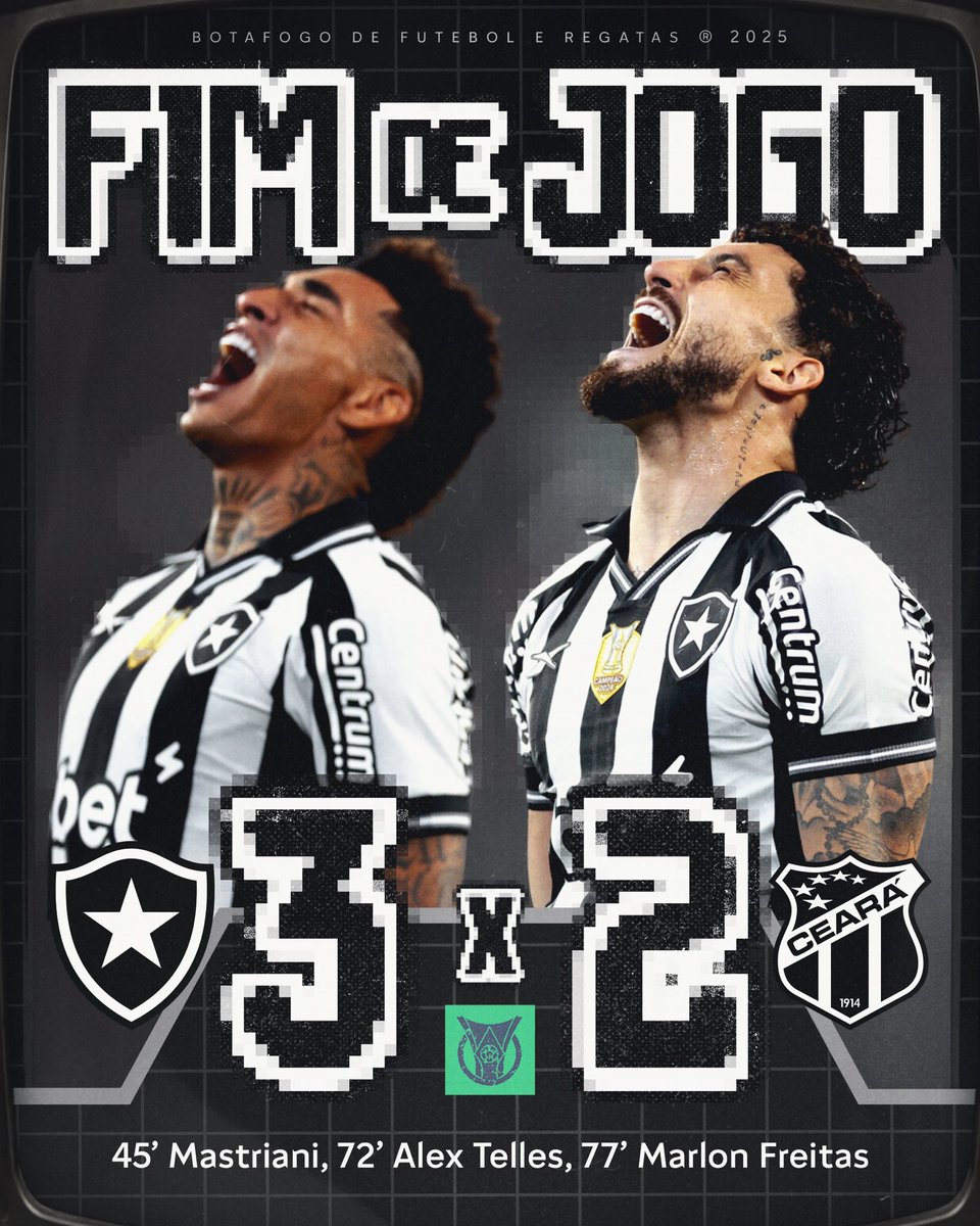 Botafogo's tweet image. VITÓRIA DO GLORIOSO! ⭐🤩

EM NOITE DE ESTREIA DA CAMISA I E ÚLTIMO ENCONTRO EM CASA ANTES DA COPA DO MUNDO DE CLUBES, FOGÃO VENCE O CEARÁ POR 3 A 2! OS GOLS DO BOTAFOGO FORAM MARCADOS POR MASTRIANI, ALEX TELLES E MARLON FREITAS! BOOOOOOORAAAAA! 🔥💪🏽 #VamosBOTAFOGO #Aura90