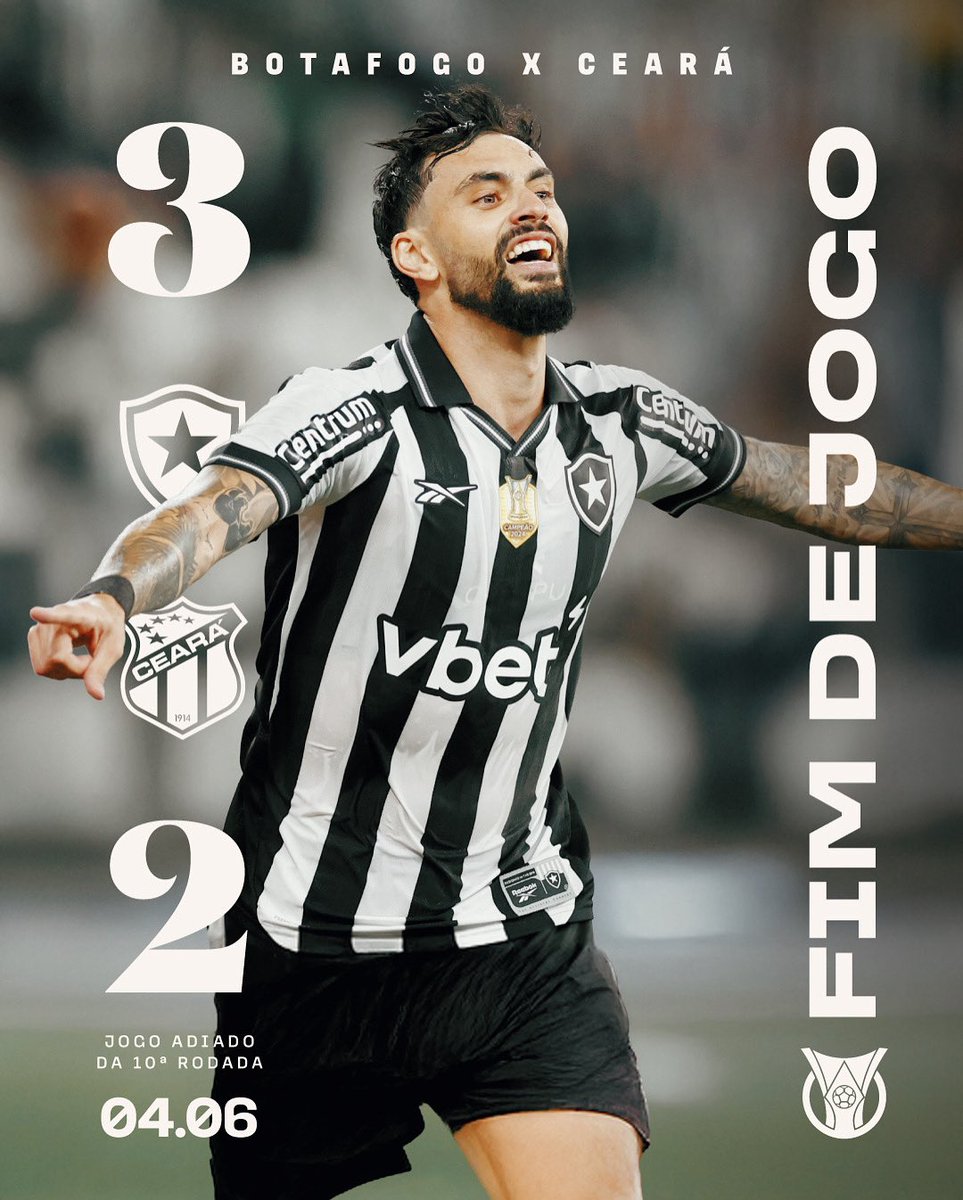 DEU FOGÃO! 

Em partida válida pela 10ª rodada do Brasileirão, o @botafogo ganha do @cearasc pelo placar de 3x2, no Nilton Santos! ⚽️🔥

📸: Vitor Silva