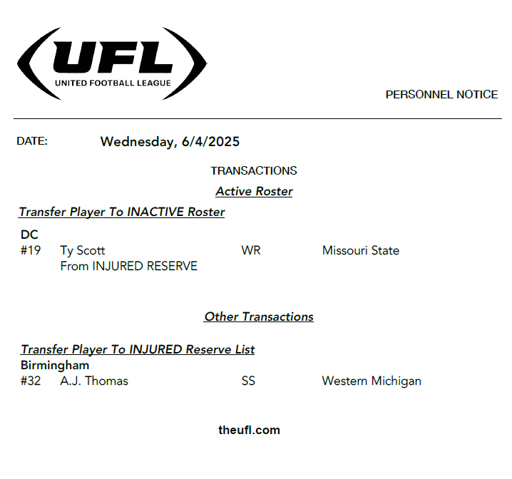 The #UFL has announced the following transactions for Wednesday, June 4