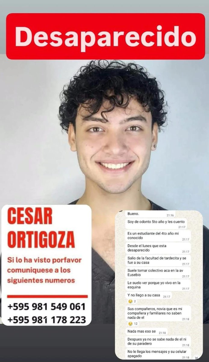 Estudiante de 4to año de odontología de Uninorte desaparecido desde el lunes 02/06/25. Se lo vio por última vez en la parada de ómnibus que está sobre Eusebio Ayala. Máxima difusión por favor!