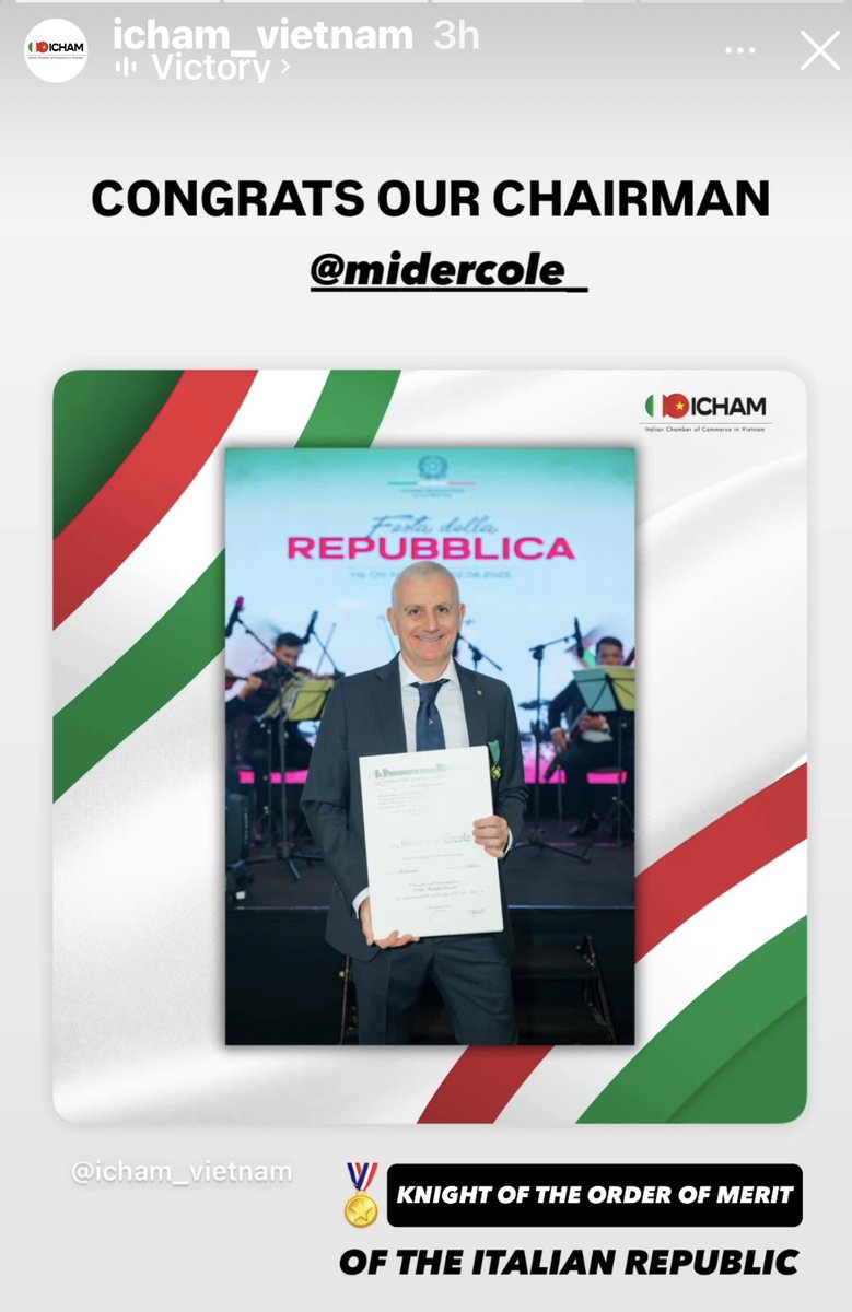 Midercole's tweet photo. During the celebrations of the Italian Republic Day I received from the Consul General HE Enrico Padula the honor of the Order of Merit of the Italian Republic (OMRI)🇮🇹🇮🇹 https://t.co/kwfeVXstXm