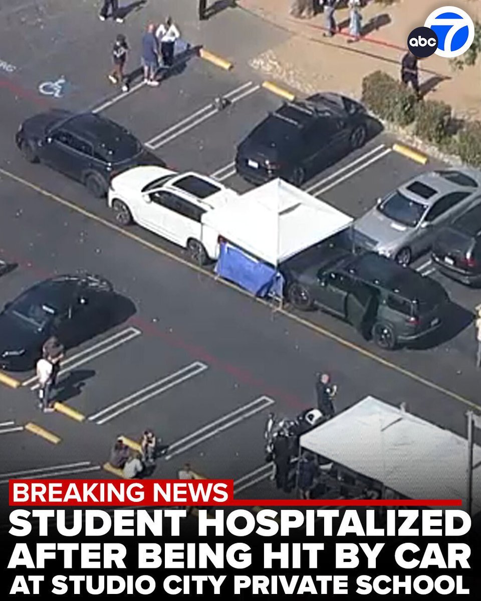 ABC7's tweet photo. A teen is hospitalized in grave condition following a car crash at the private K-12 school Campbell Hall in Studio City, officials said. A second student was treated on scene for injuries. https://t.co/adfUaxP5fD https://t.co/vScwscdyI5