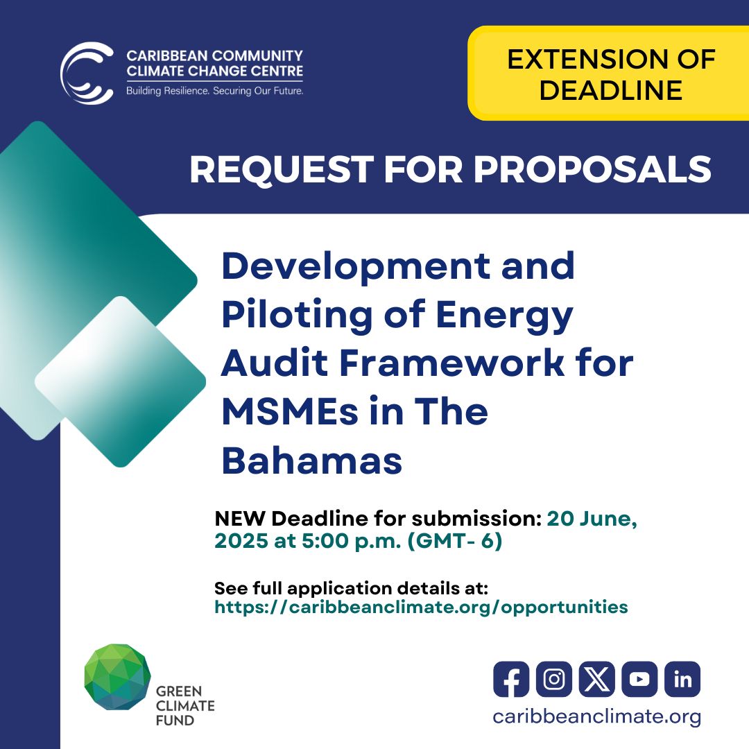🔔📣Extension of Deadline

The deadline for the below-referenced opportunity has been extended.

The NEW Deadline for submission of proposals is 20 June 2025 at 5:00 p.m. Belize Time (GMT-6).

See more details at 🔗 
caribbeanclimate.org/opportunities/