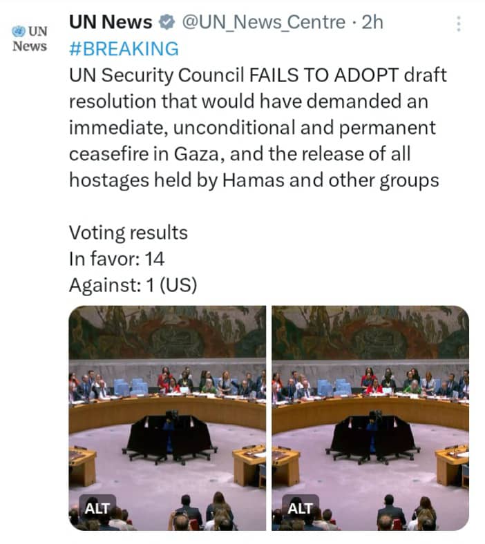 Emilio Lozada García (@emiliolozadag) on Twitter photo Condenamos firmemente la notoria complicidad del gob de EEUU con el régimen sionista y genocida de Israel al vetar, en solitario, el proyecto de resolución presentado hoy en Consejo de Seguridad de <a href="/UN/">United Nations</a> que demandaba el alto al fuego inmediato, incondicional y permanente en Gaza. Condenamos firmemente la notoria complicidad del gob de EEUU con el régimen sionista y genocida de Israel al vetar, en solitario, el proyecto de resolución presentado hoy en Consejo de Seguridad de <a href="/UN/">United Nations</a> que demandaba el alto al fuego inmediato, incondicional y permanente en Gaza.