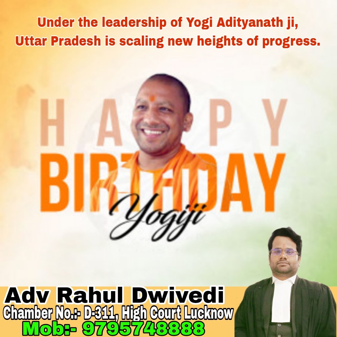Dwivedilegal's tweet photo. Wish you a very very Happy Birthday CM Sir
@myogiadityanath @myogioffice 
#HappyBirthdayYogiji

Warm Regards 
Rahul Dwivedi Advocate 
High Court Lucknow https://t.co/ppGYo2LGZr
