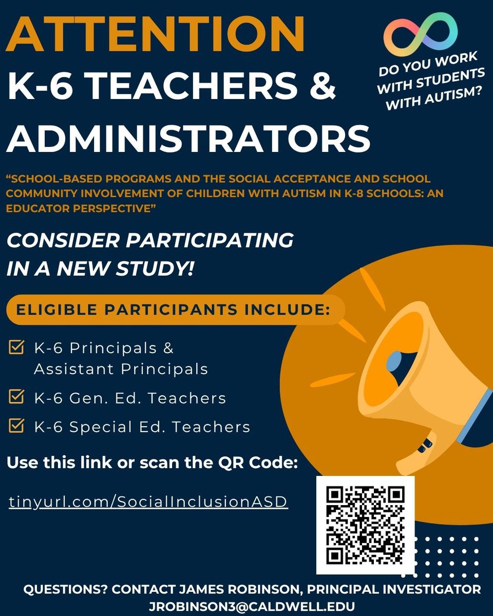 Hello everyone!

I am working on my dissertation, &amp; my topic focuses on the social inclusion of students with autism in elementary schools. Please consider taking the survey below, &amp; sharing it with any other educators/ administrators that you may know. 

Tinyurl.com/SocialInclusio…