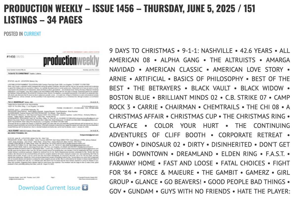 Production Weekly - Issue 1456 - Thursday, June 5, 2025 / 151 Listings - 34 Pages

Download Current Issue ⬇️

productionweekly.com/production-wee…