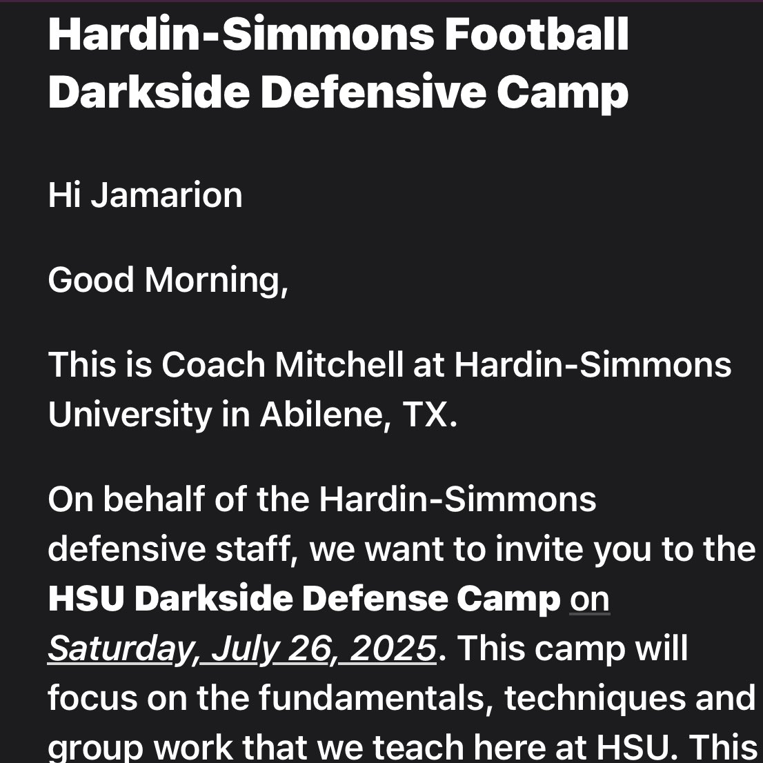 Jamarion “jay” Moore ✝️ (@jamarionmoore28) on Twitter photo Blessed to receive a camp Inv from <a href="/MattMitchellHSU/">Matt Mitchell</a> <a href="/HSUCowboys/">Hardin-Simmons Cowboy Football</a> <a href="/TXTopTalent/">TX TOP TALENT</a> <a href="/sixstarfootball/">Six Star Football | PLUS+</a> <a href="/Lettfootball/">Rowlett Eagle Football</a> Blessed to receive a camp Inv from <a href="/MattMitchellHSU/">Matt Mitchell</a> <a href="/HSUCowboys/">Hardin-Simmons Cowboy Football</a> <a href="/TXTopTalent/">TX TOP TALENT</a> <a href="/sixstarfootball/">Six Star Football | PLUS+</a> <a href="/Lettfootball/">Rowlett Eagle Football</a>