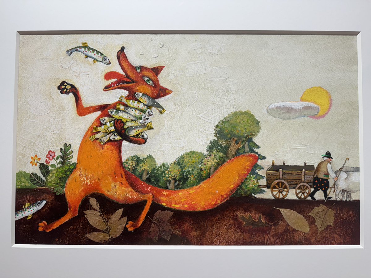 #WatercolorWednesday :
Alexi Natchev (b. 1951 Bulgaria, active USA)
The Clever #Fox, 1995
(illustration for Wagonload of #Fish by Judit Z. Bodnar, HarperCollins, 1996)
Watercolor, dried leaves on paper
12 ½ x 20 in. (31.7 x 50.8 cm)
On display at <a href="/BiggsMuseum/">BiggsMuseum</a> (2023.19)