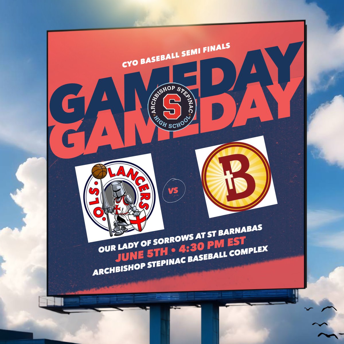 Tomorrow - Thursday June 5th at 4:30pm
at Archbishop Stepinac. Our Lady of Sorrows [WP] vs St Barnabas [Bronx] in the CYO  baseball semi-finals. Come out &amp; support your team.  Game will be streamed live on events.locallive.tv/schools/stepin… for those who cannot make the game. Play Ball !
