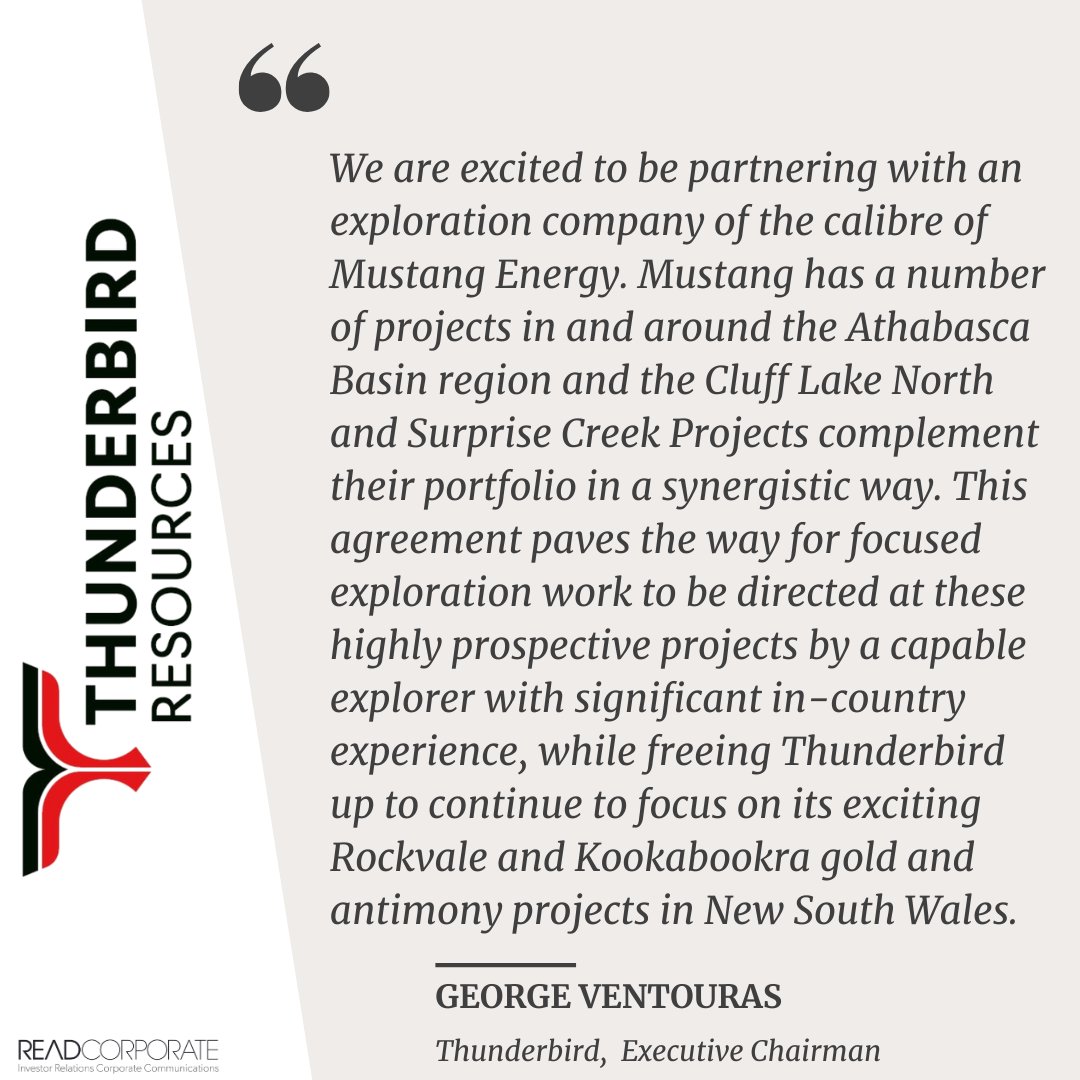 .<a href="/THBresources/">Thunderbird Resources</a> reinforces its focus on its new high-potential NSW #gold and #antimony assets after entering into a JV with Mustang Energy Corp on its non-core Canadian #uranium assets. 

ow.ly/hvQi50W4xBT

$THB #ASX #uranium #exploration #Canada #ausbiz
