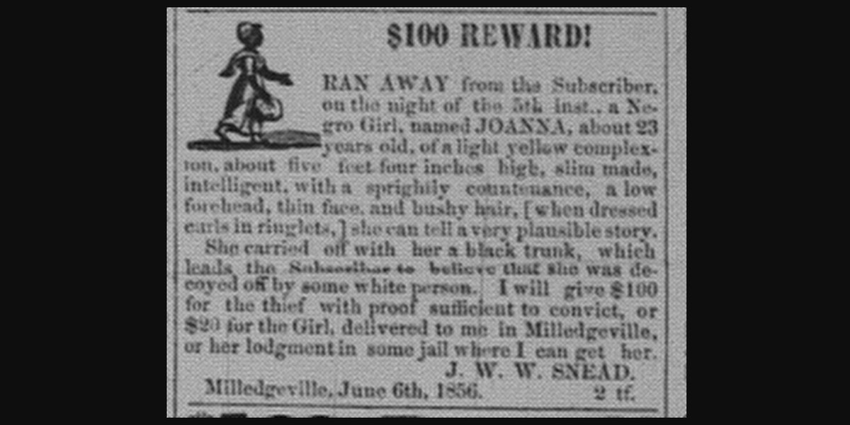 FromSlaves's tweet photo. I ran from John W. W. Snead of Milledgeville, Baldwin County, Georgia on this night in June 1856, taking a trunk of my belongings with me. I was caught, but ran again in July 1856. My name was JOANNA. #blackhistory #GAhistory https://t.co/e5iFRXaPGt