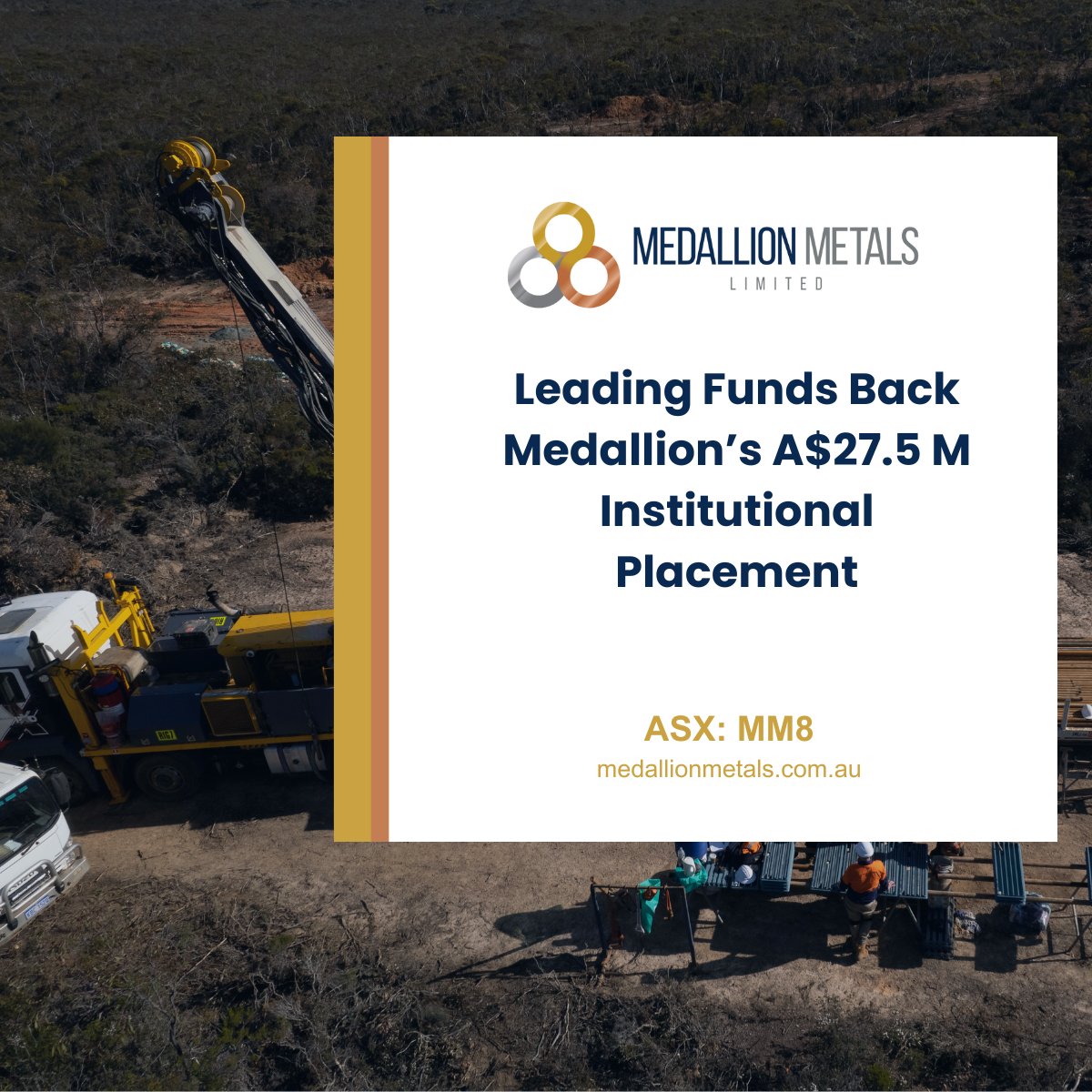 High-quality resource funds across AU, EU &amp; the US have backed Medallion’s $27.5M institutional placement at A$0.21ps—boosting net cash at closure to ~$31M for Ravensthorpe &amp; Forrestania growth.

📢 Read: loom.ly/S2rqb58

$MM8 #Gold #Copper #Mining #ASX @Investability_