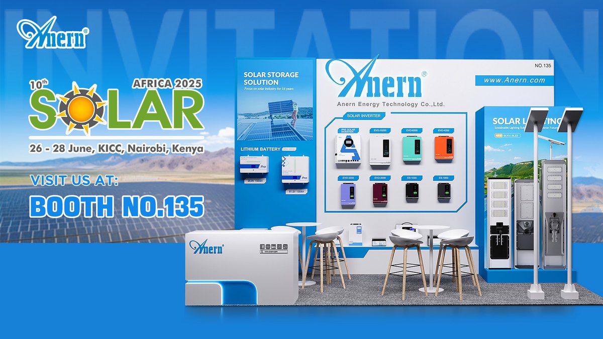 AnernSolar's tweet image. 🌞Join #Anern at the 10th Solar #Kenya Exhibition!
📍Booth No. 135
📅June 26–28, 2025
📌Kenyatta International Convention Centre, Nairobi
Explore our advanced #SolarStorageSolutions for both residential and commercial applications
Whatsapp: +86 189 2211 7207 
Email:  fb@anern.com