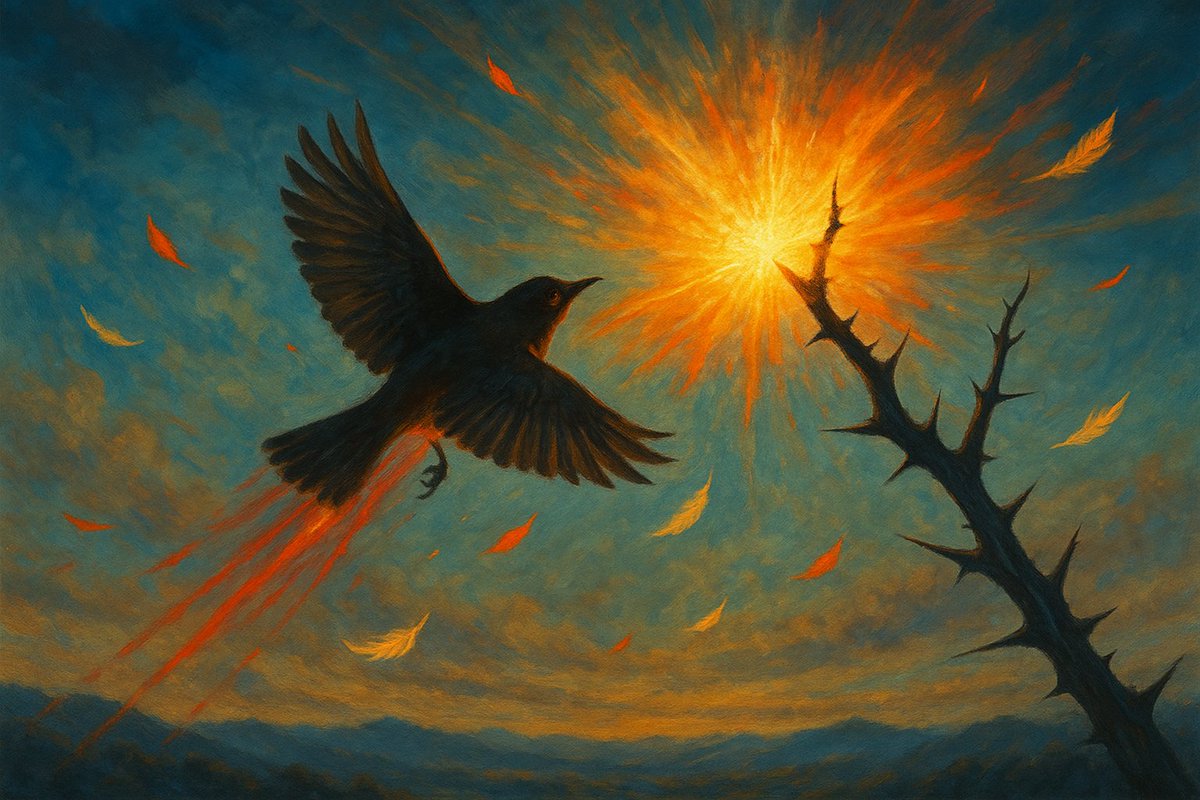 《临江仙·荆棘鸟》

孤影穿林寻荆棘，凄声咏啸长空。
血书借笔写寒红。
破心留绝唱，生死两情浓。

一曲惊残千古恨，断弦犹带春风。
生来只为此时终。
遗骸肥劲草，剩羽撒苍穹。