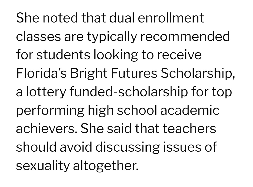 <a href="/libsoftiktok/">Libs of TikTok</a> Context is needed to understand the depth of this deceptive grooming.

In Florida, there is a scholarship called "Florida’s Bright Futures Scholarship" funded by the state lottery. To be eligible, high school students are encouraged to take dual credit courses that give them both