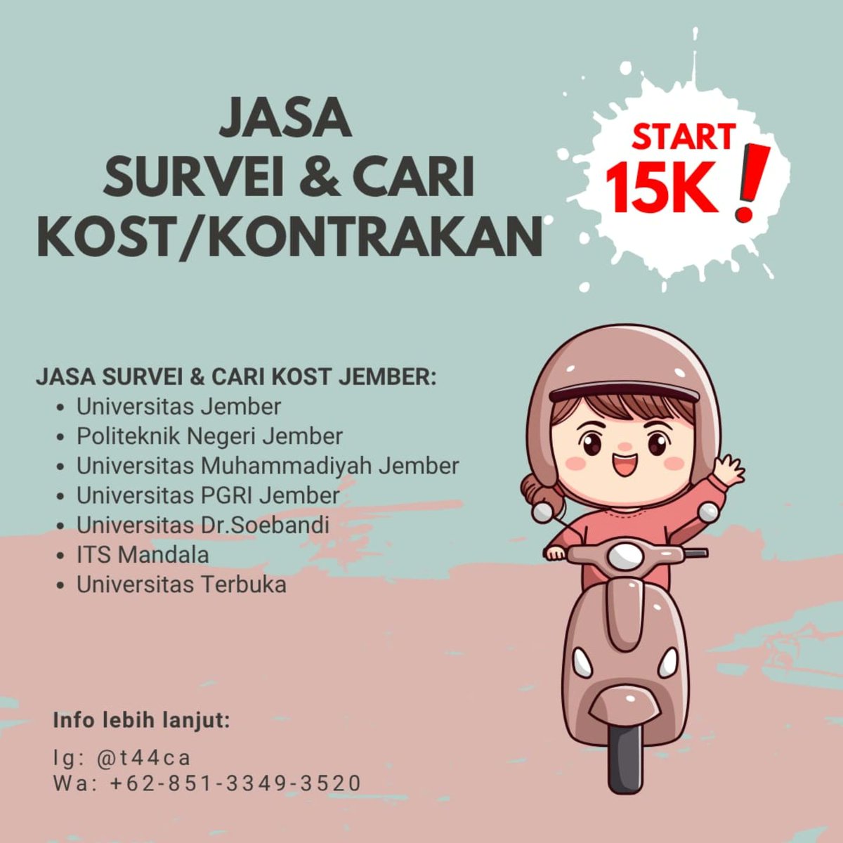 halolyssa's tweet image. HALO MABA 2025 JEMBER‼️🔥
Kamu gak harus jauh-jauh ke Jember cuma buat cari kost/kontrakan lho 
Cukup kasih tau budget, lokasi, dan kebutuhan kamu kami yang turun langsung ke lapangan!
📍Survei lokasi langsung
📸 Kirim foto&amp;amp;video real tanpa edit
#zonauang #zonajajan #jember #unej