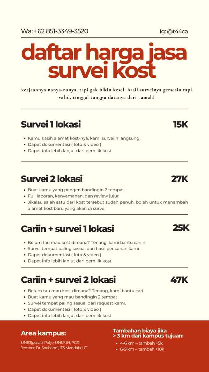 halolyssa's tweet image. HALO MABA 2025 JEMBER‼️🔥
Kamu gak harus jauh-jauh ke Jember cuma buat cari kost/kontrakan lho 
Cukup kasih tau budget, lokasi, dan kebutuhan kamu kami yang turun langsung ke lapangan!
📍Survei lokasi langsung
📸 Kirim foto&amp;amp;video real tanpa edit
#zonauang #zonajajan #jember #unej