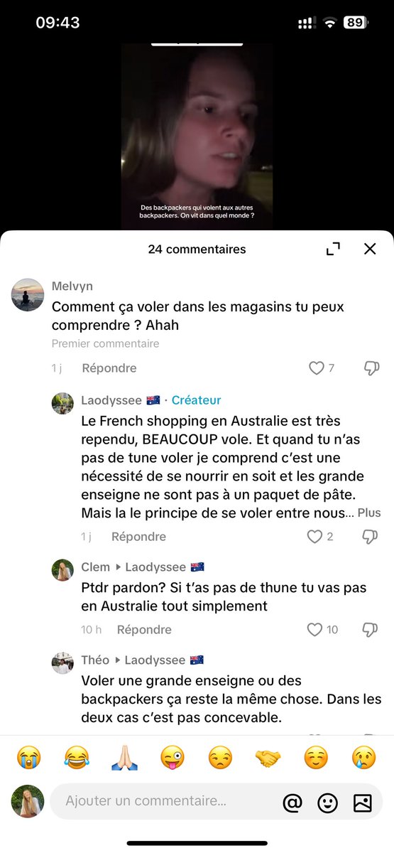 Ptdr alors pardon j’affiche mais elle a mis une vidéo publique 

« Voler dans les magasins je peux comprendre mais venez on se vole pas entre nous quand même »

Voilà ce que c’est les français qui partent en Australie..le « French shopping » qu’elle dit😭