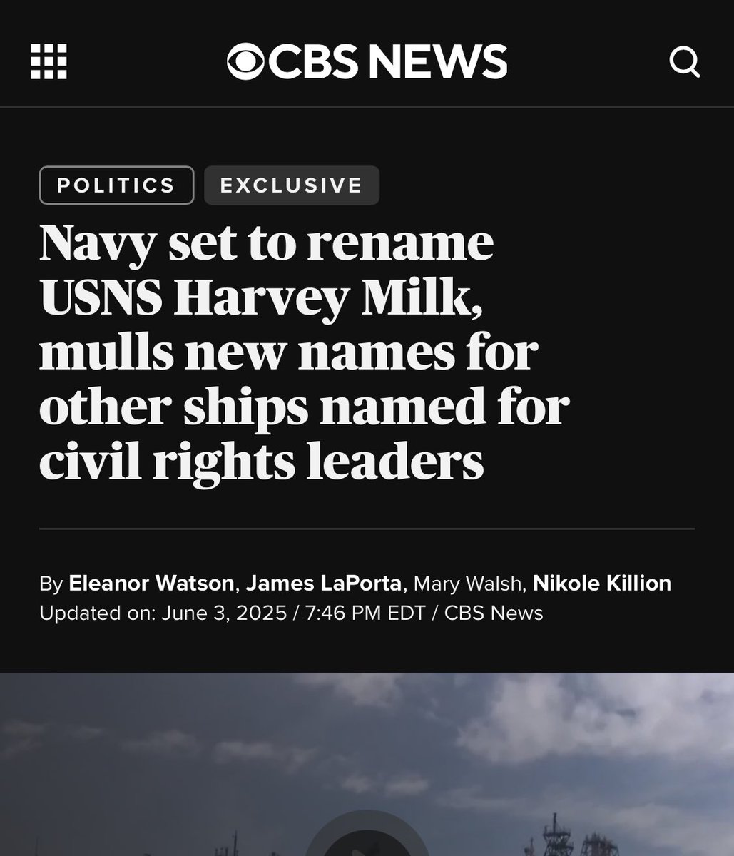 Pride. Now, do the rest.
“..Navy plans to rename the USNS Harvey Milk, a fleet replenishment oiler named after the slain gay rights leader &amp; Navy veteran, &amp; is considering renaming multiple naval ships named after civil rights leaders &amp; prominent American voices, “
#myflag #USA
