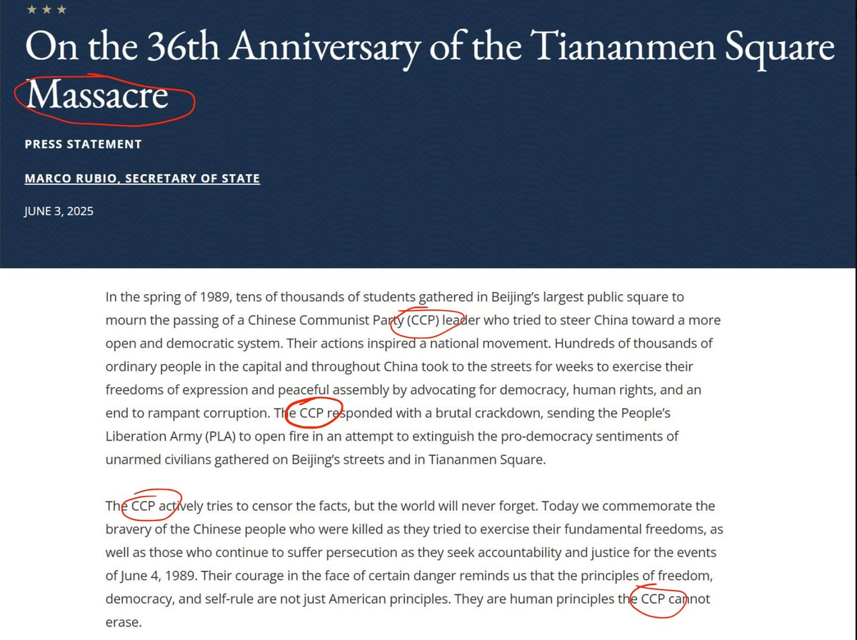 三票先生：

美国国务院定性六四为屠杀

仔细看了美国国务院网站上的原文，才发现标题是《On the 36th Anniversary of the Tiananmen Square Massacre（天安门屠杀36周年）》。

美国之音把Massacre