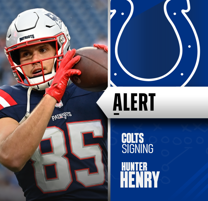 TheIFLeague's tweet photo. The Indianapolis Colts are signing TE Hunter Henry to a 1 year, $500k veteran minimum deal.  Despite the deal, Henry has an opportunity to compete for the starting role against former first round pick Kyle Pitts. https://t.co/UJ2WRTdgM8