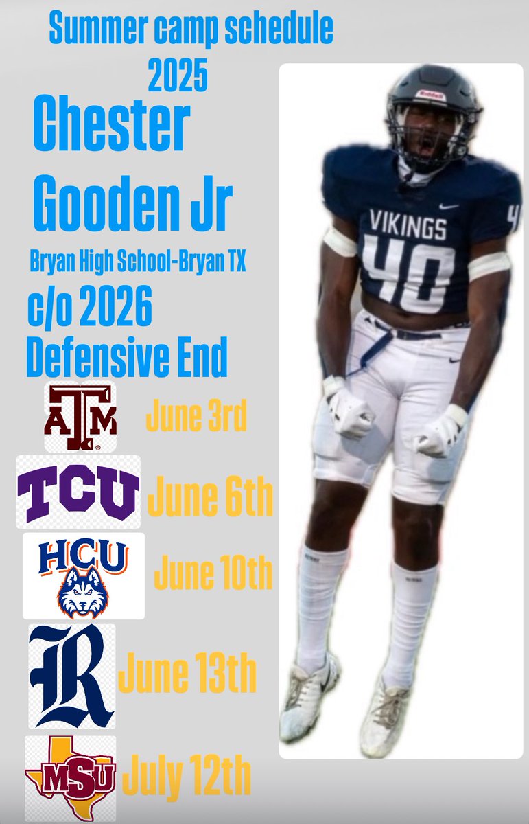 Chester Gooden JR (@chestergoodenjr) on Twitter photo Work has been put in. Now it’s time to go camping!! <a href="/AggieFootball/">Texas A&M Football</a> <a href="/TCUFootball/">TCU Football</a> <a href="/HCUFootball/">HCU Football</a> <a href="/RiceFootball/">Rice Football</a> <a href="/MSUTexasFB/">Midwestern State Football</a> <a href="/TXTopTalent/">TX TOP TALENT</a> <a href="/CoachTyWarren/">Coach “Ty” Warren</a> Work has been put in. Now it’s time to go camping!! <a href="/AggieFootball/">Texas A&M Football</a> <a href="/TCUFootball/">TCU Football</a> <a href="/HCUFootball/">HCU Football</a> <a href="/RiceFootball/">Rice Football</a> <a href="/MSUTexasFB/">Midwestern State Football</a> <a href="/TXTopTalent/">TX TOP TALENT</a> <a href="/CoachTyWarren/">Coach “Ty” Warren</a>