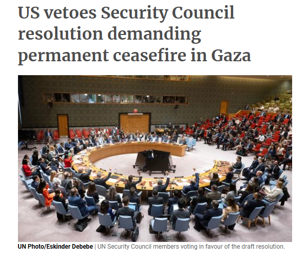 DavidShoebridge's tweet photo. The US just vetoed a UN Security Council resolution that was calling for a ceasefire, release of hostages and urgent humanitarian aid for Gaza. 

This is appalling and Australia must step away from the US to take real action to end the genocide. https://t.co/3pdUJl9pSU