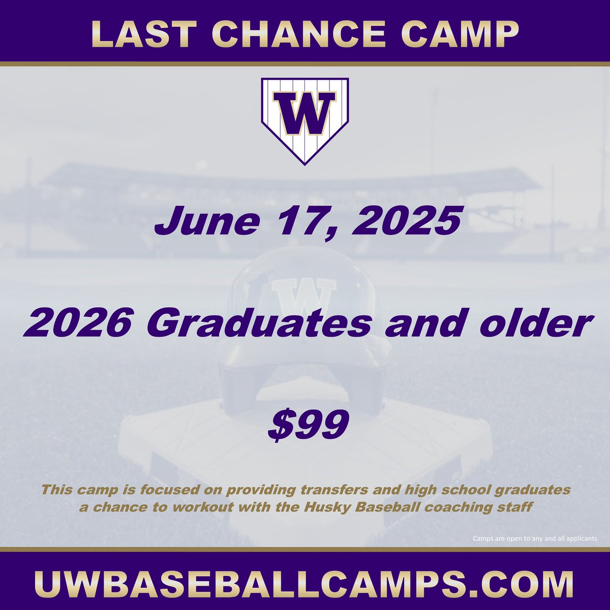 Great opportunity for transfers to experience Husky Baseball and work with our coaches!

UWBaseballCamps.com