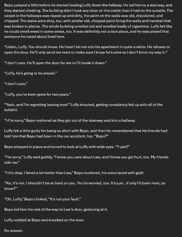 sassycalico's tweet photo. WIP Wednesday! Here's a portion of a hurt/comfort modern AU where Luffy goes abroad for a couple years and Law is in a bad accident. When Luffy returns, he needs to help pull Law out of the darkness the accident put him in.
#lulaw #fanfic https://t.co/k36sEQlqfh