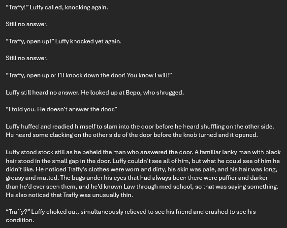 sassycalico's tweet photo. WIP Wednesday! Here's a portion of a hurt/comfort modern AU where Luffy goes abroad for a couple years and Law is in a bad accident. When Luffy returns, he needs to help pull Law out of the darkness the accident put him in.
#lulaw #fanfic https://t.co/k36sEQlqfh