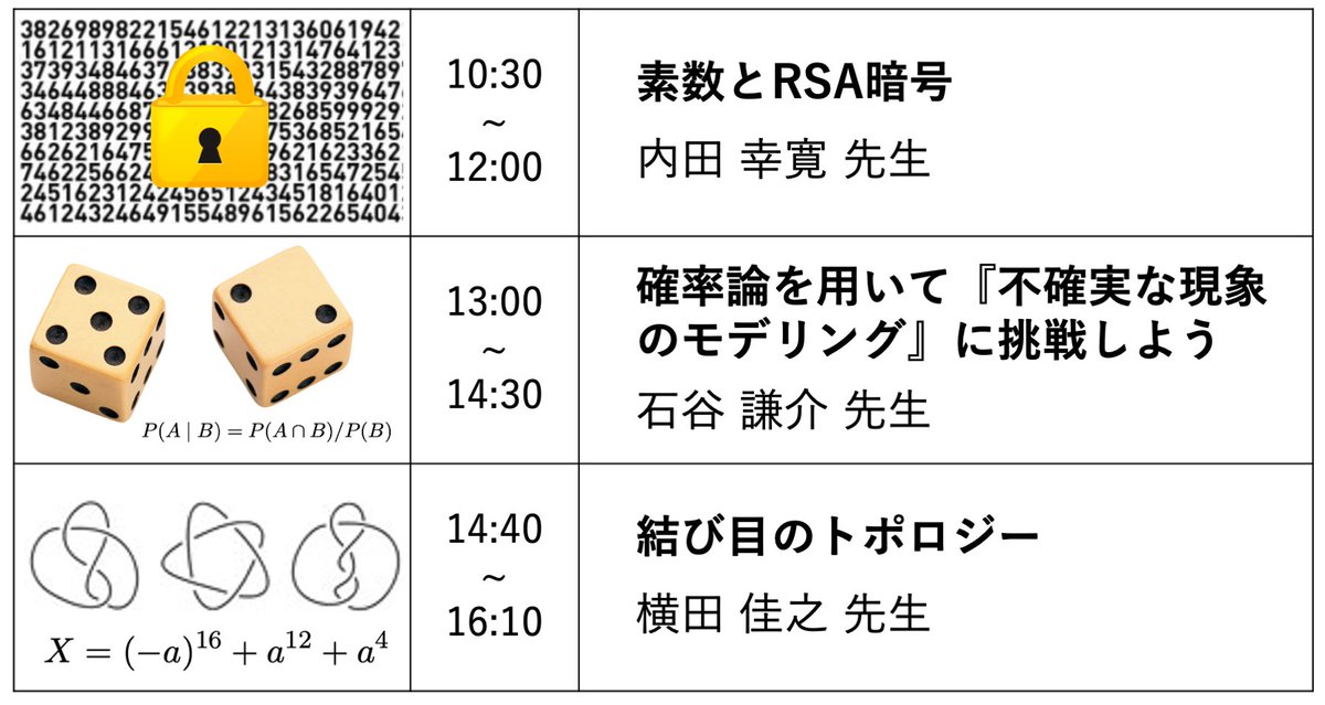 TMUmathematics's tweet photo. 【イベント案内】高校生のための数学−夏の学校
8月2日（土）南大沢キャンパスで開催します．都立大数理の3名の先生による講義を受けて，数学漬けの1日を体験しよう！高校生は無料で参加することができます．
詳細・申込：https://t.co/gLhkm2zCQW https://t.co/PfwN5m23Lc