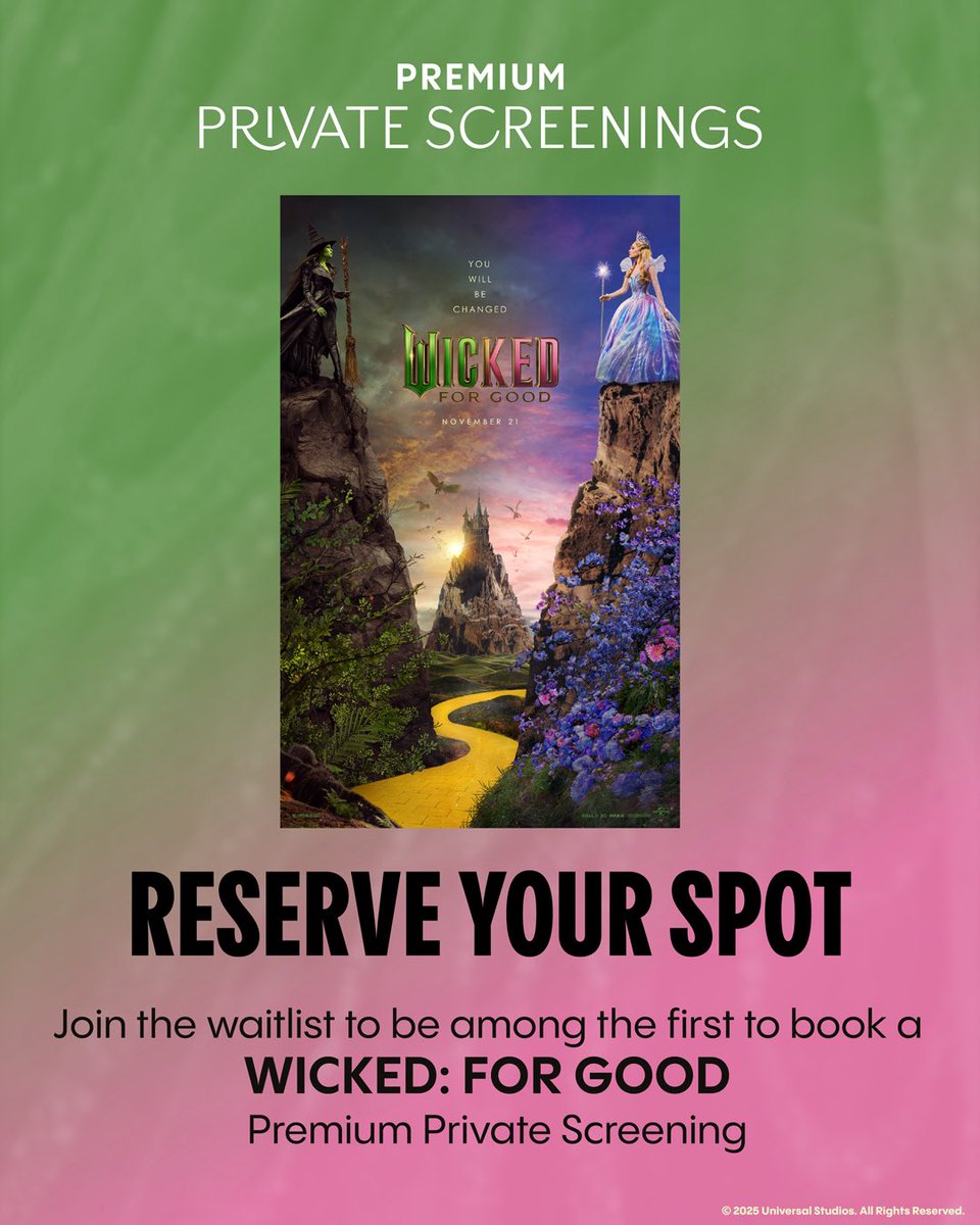 Ready to be changed for good? 

Join our waitlist to be among the first to book a Premium Private Screening of Wicked: For Good and have a magical time in an auditorium all to yourself 💖💚 

Join now: bit.ly/42Wyhpn