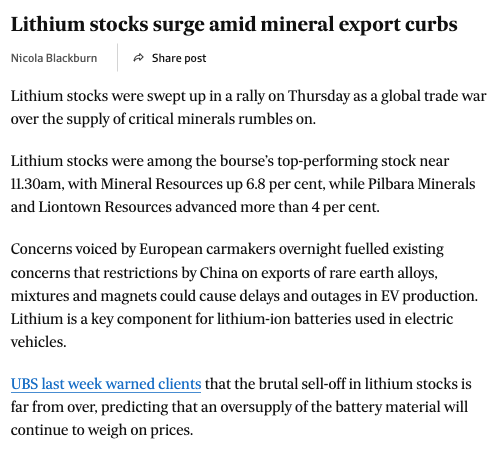 ⚡️ Lithium stocks are rallying as reported by <a href="/FinancialReview/">Financial Review</a>, with trade tensions reigniting focus on critical minerals.

$MAN holds a 3.3Mt LCE #lithium brine resource in Utah — a U.S.-based asset well-positioned amid growing supply chain risks.

 👉 afr.com/markets/equity…