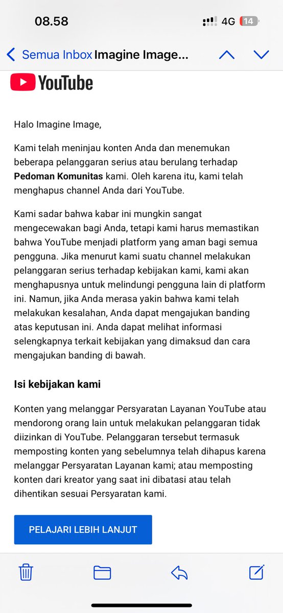 aa_ilham's tweet photo. @TeamYouTube  

Saya mendapatkan bahwa channel saya di hapus oleh YouTube, padahal saya tidak merasa melanggar pedoman komunitas 

 Kali ini saya mohon bantuan nya agar channel saya bisa kembali. 

Link channel nya :  https://t.co/JCoPs1Q6bZ

Terima kasih https://t.co/0eyunYSpGf