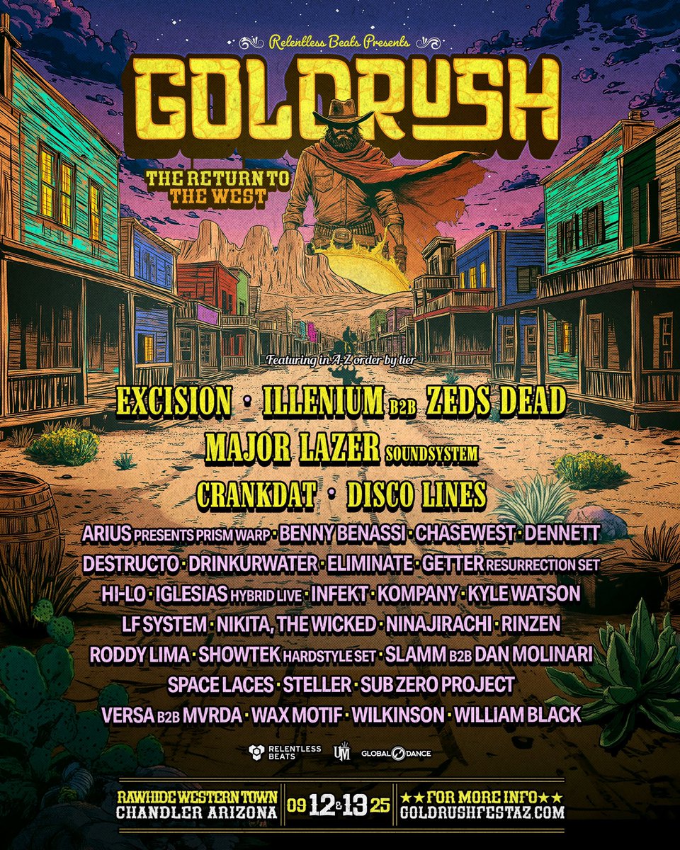 🚨GIVEAWAY: Win 2 VIP passes to Goldrush 2025! 🤠⚒️
Lineup just dropped — now it’s your shot to ride.
1️⃣ Follow @goldrushfestaz &amp; @relentlessbeats
2️⃣ Like + retweet 
3️⃣ Tag 3 friends + comment “sign up for presale”

Sign up for early access now at app.hive.co/l/3xi64w
🎟️