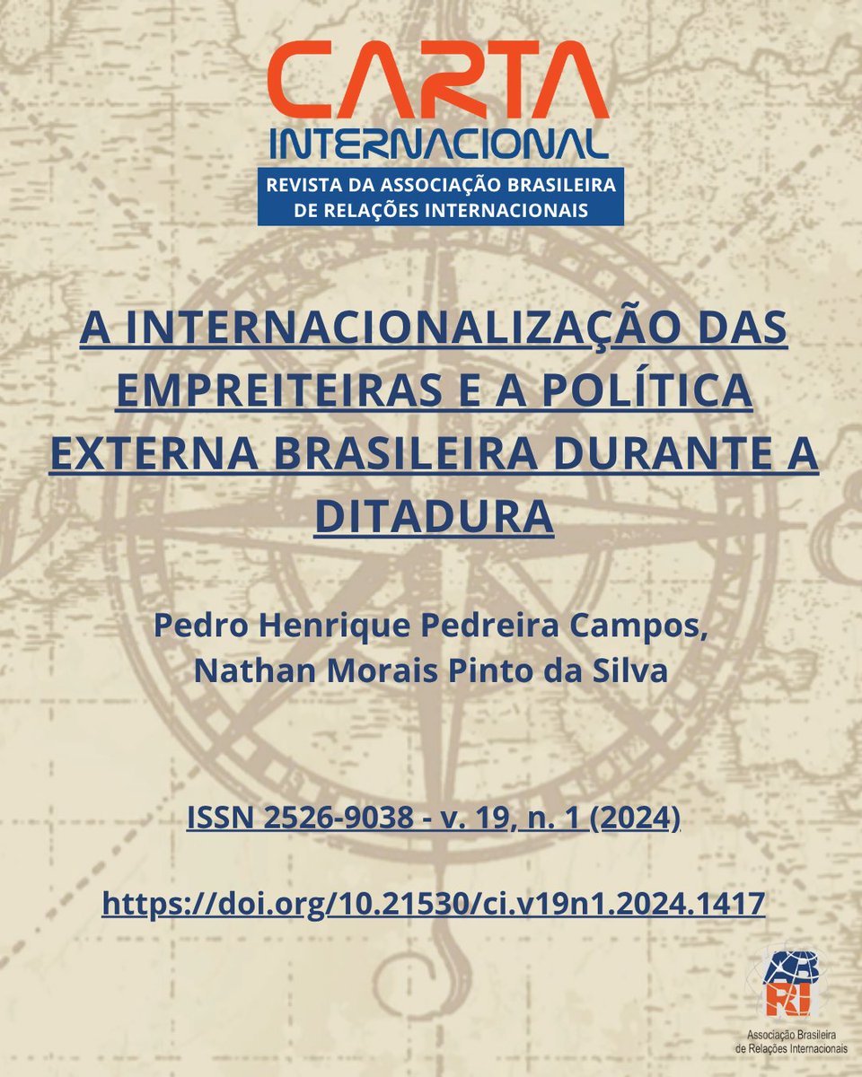 📢 Artigo investiga a relação entre política externa e interesses privados durante o regime militar (1964-1985), com foco na atuação da Mendes Júnior na Mauritânia.

doi.org/10.21530/ci.v1…

#PolíticaExterna #DitaduraMilitar #Empreiteiras #HistóriaDoBrasil #RelaçõesInternacionais