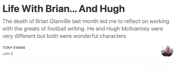 Brian Glanville died last month. I’ve been thinking about him and the other great sportswriter I’ve been lucky enough to work with, Hugh McIlvanney. There are others I admire but they’re still alive. So I thought I’d write about Brian and Hugh
tonyevans92a.substack.com/p/life-with-br…