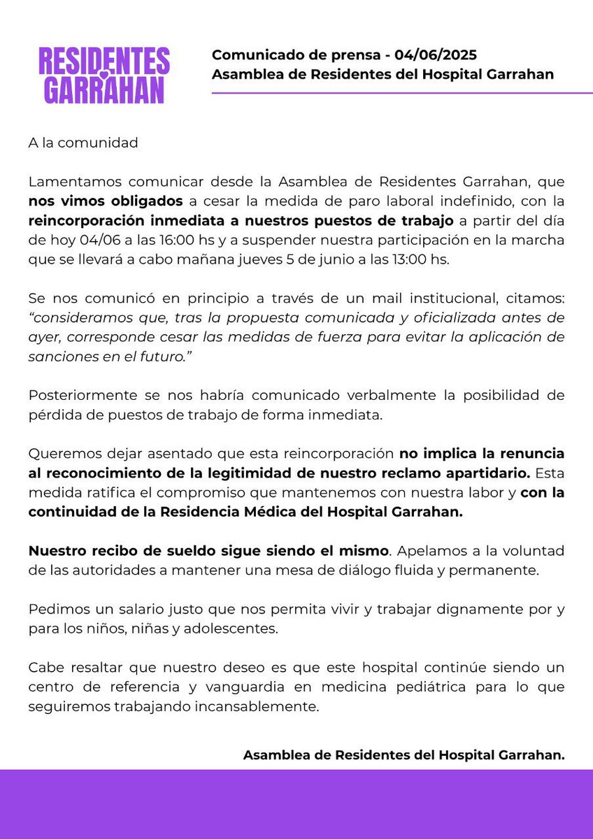 Los residentes del Garrahan no levantaron el paro porque les dieron aumento sino porque el Gobierno los amenazó con echarlos.