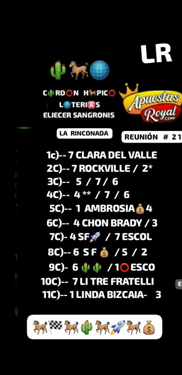 ELIECER SANGRONIS   🌵🐎🌐
<a href="/marrpacheco/">rafael pacheco</a> <a href="/m_estiben/">𝕏 Estiben Hernández </a>  <a href="/RacingHorseFree/">RacingHorseFree 🎲🐎🎯🇻🇪🇺🇲</a>  <a href="/sukoyhipico/">@sukoyhipico</a> 
#Hipismo   EN  #LaRinconada
🟢ASÍ VAMOS HOY MIERCOLES 4 PARA EL DOMINGO EN LA RINCONADA ATENTOS EL DOMINGO PUEDE HABER VARIACIÓN, LINEA:
10c)  7  LI TRE  FRATELLI 🌵🌵🌵🔥