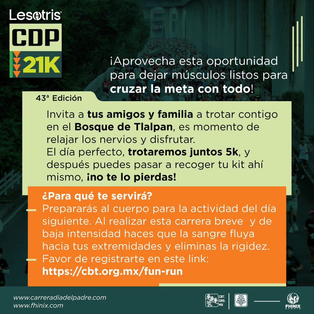 Este trote suave ayudará a que tu cuerpo se prepare de la mejor forma para el día siguiente: mejora la circulación, libera tensión y te deja listo para darlo todo en la carrera.
📅 Sábado 14
📍  Pista del BT
🕗 08:00 am
👉 Registro obligatorio aquí:
 cbt.org.mx/fun-run