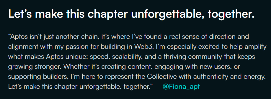 It’s official! 🫶 I’m beyond honored to be part of the <a href="/AptosCollective/">Aptos Collective</a> for the Summer 2025 cohort. 

Being included among this group of passionate, innovative builders and creators is a HUGE deal to me. <a href="/Aptos/">Aptos</a> isn’t just a blockchain; it’s a community. A real one. A place where